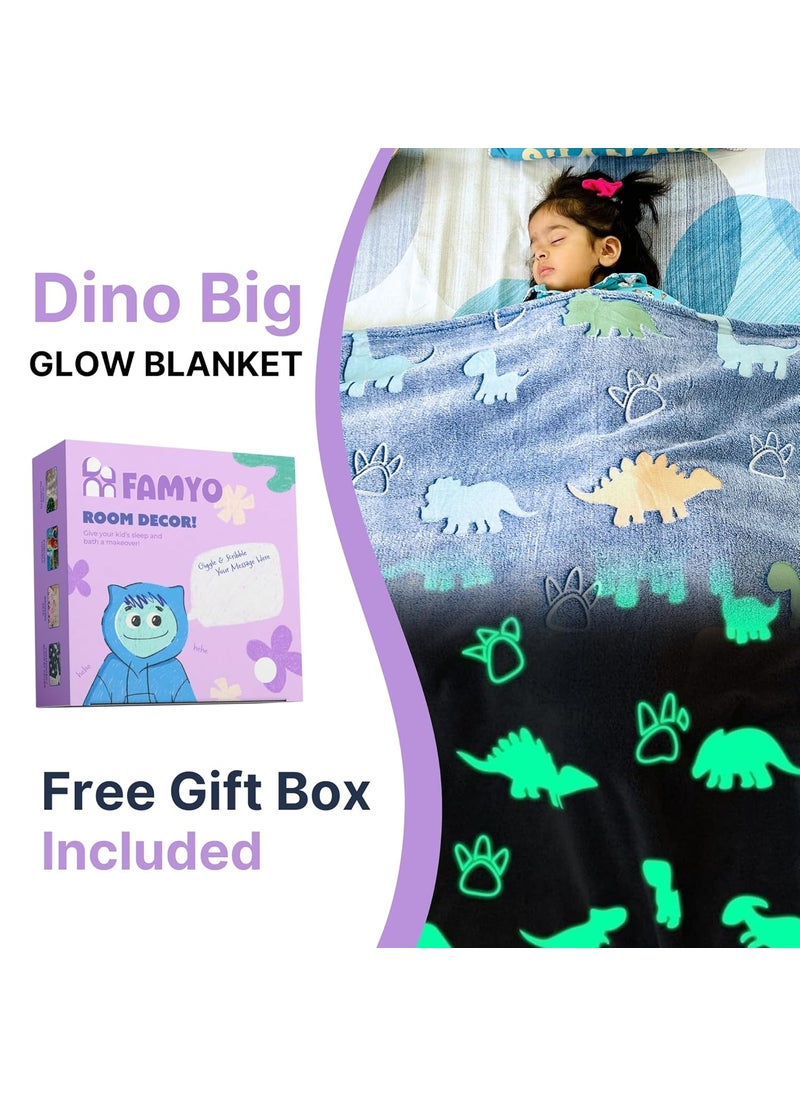 FAMYO Dinosaur Glow Blanket for Gifting for Kids Birthday Gift for 015 yrs AC Blanket for Children Return Gifts Party Favour Perfect for Gifting for NieceNephewSonDaughter Blue