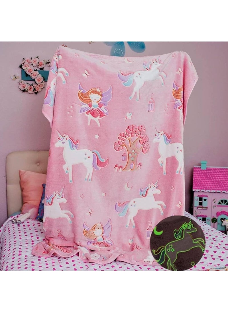 Drashti Villa Unicorn Fairy Glow in The Dark Blanket for Kids 60x90 Inch Soft Flannel Fleece Throw Cozy Warm AllSeason Radium Blanket Ideal Gift for Boys Girls Pink Double Size