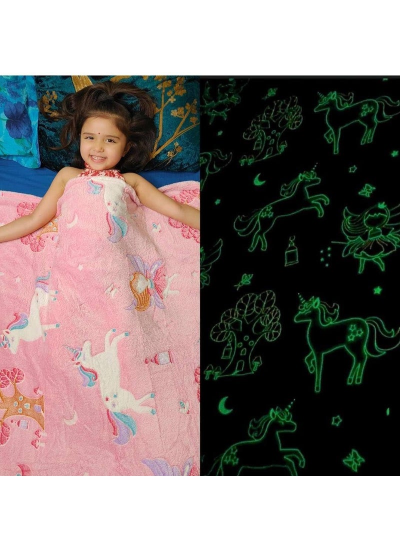 Drashti Villa Unicorn Fairy Glow in The Dark Blanket for Kids 60x90 Inch Soft Flannel Fleece Throw Cozy Warm AllSeason Radium Blanket Ideal Gift for Boys Girls Pink Double Size