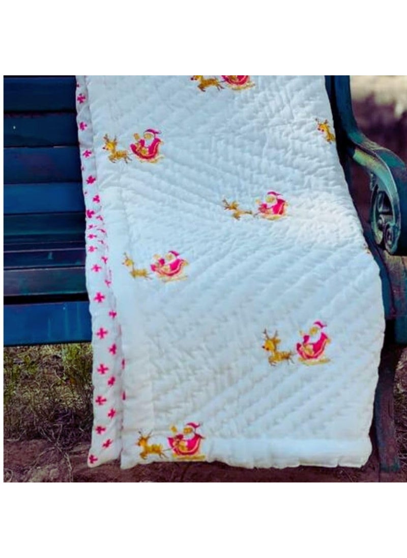 PShomes NonToxic 100 Cotton Kids Blanket HandBlocked in India Santa Design 40x60 inches AllSeason Naturally Dyed Pink White Christmas Gift for Kids Ideal Below 7yrs