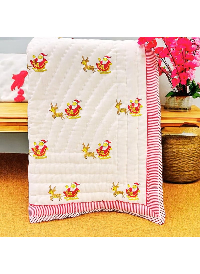 PShomes NonToxic 100 Cotton Kids Blanket HandBlocked in India Santa Design 40x60 inches AllSeason Naturally Dyed Pink White Christmas Gift for Kids Ideal Below 7yrs