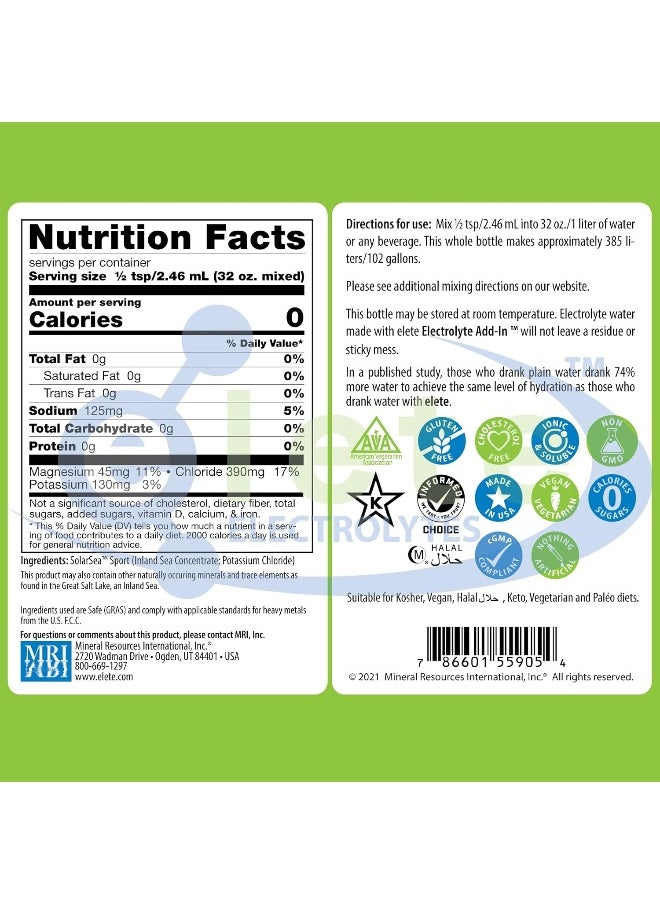 Elete Electrolyte Add-In Hydration Drops | Sodium, Magnesium, Potassium & Trace Minerals | Unflavored, All Natural | Leg And Muscle Cramp Relief | Transform Any Drink Into A Sports Drink, 18.6Oz