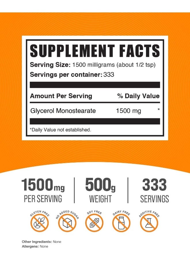 .Com Glycerol Monostearate Powder - Glycerol Powder For Endurance & Hydration - Food Grade, Gluten Free - 1500Mg Per Serving, 333 Servings (500 Grams - 1.1 Lbs)