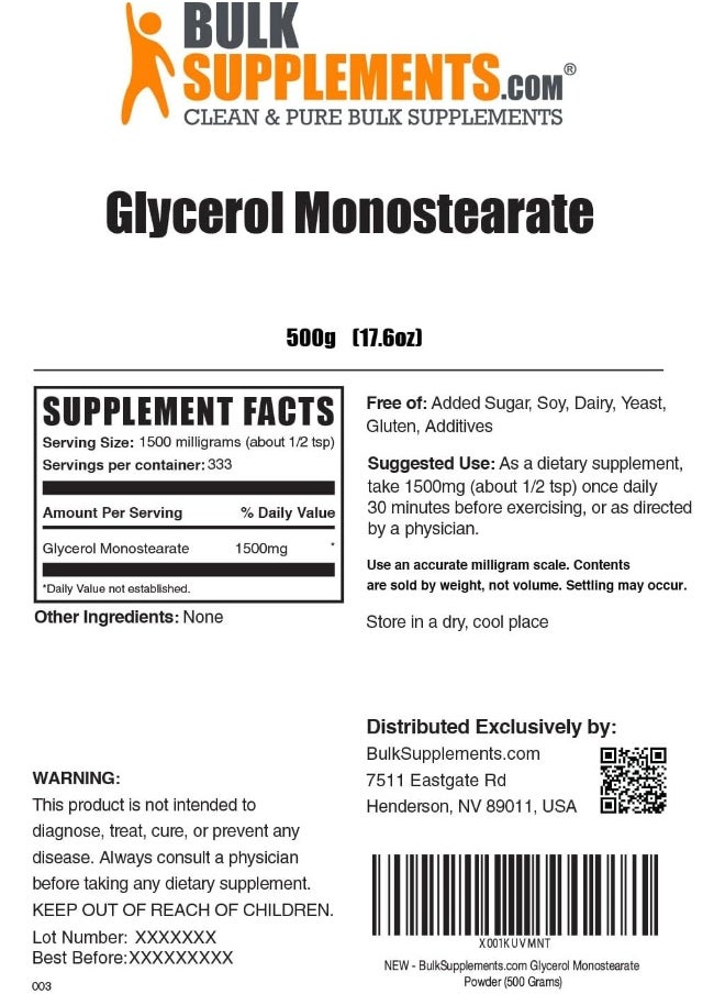.Com Glycerol Monostearate Powder - Glycerol Powder For Endurance & Hydration - Food Grade, Gluten Free - 1500Mg Per Serving, 333 Servings (500 Grams - 1.1 Lbs)