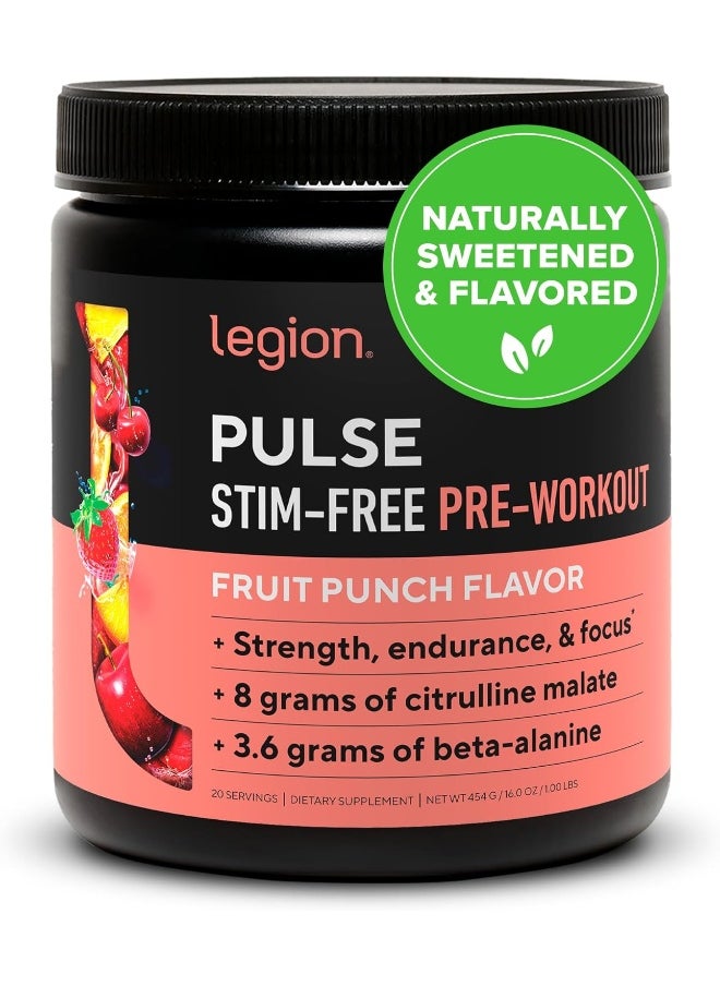 Pulse Pre Workout Supplement - All Natural Nitric Oxide Preworkout Drink To Boost Energy, Creatine Free, Naturally Sweetened, Beta Alanine, Citrulline, Alpha Gpc (Caffeine Free Fruit Punch)