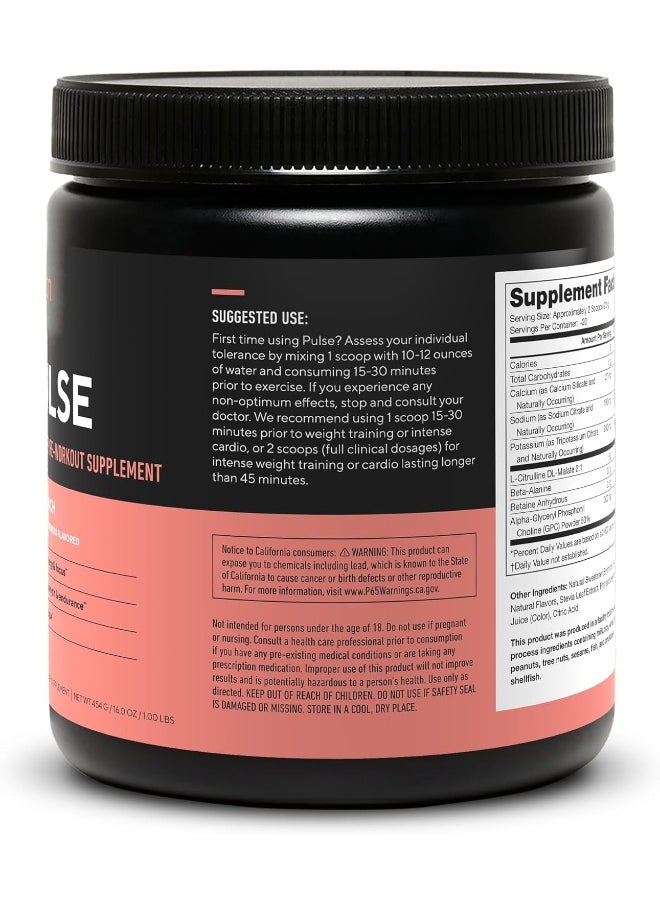 Pulse Pre Workout Supplement - All Natural Nitric Oxide Preworkout Drink To Boost Energy, Creatine Free, Naturally Sweetened, Beta Alanine, Citrulline, Alpha Gpc (Caffeine Free Fruit Punch)