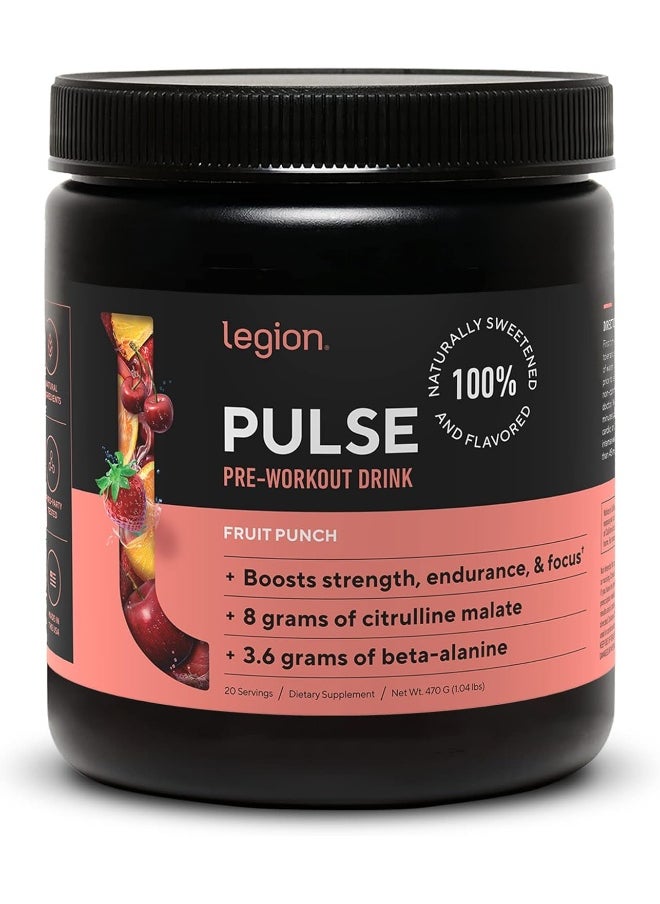 Pulse Pre Workout Supplement - All Natural Nitric Oxide Preworkout Drink To Boost Energy, Creatine Free, Naturally Sweetened, Beta Alanine, Citrulline, Alpha Gpc (Fruit Punch)