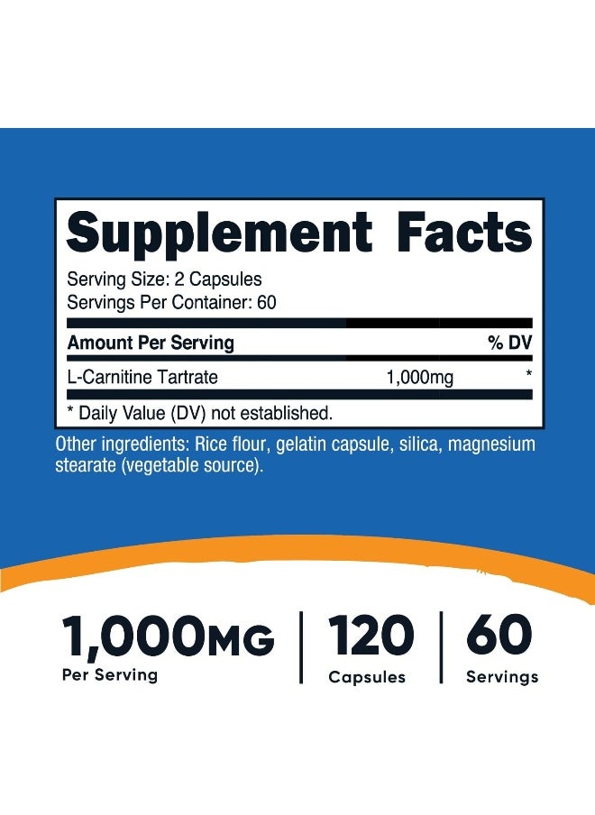 L-Carnitine Tartrate 500Mg, 120 Capsules - 1000Mg Per Serving (60 Servings)