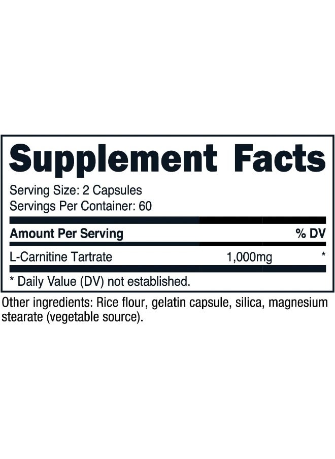 L-Carnitine Tartrate 500Mg, 120 Capsules - 1000Mg Per Serving (60 Servings)