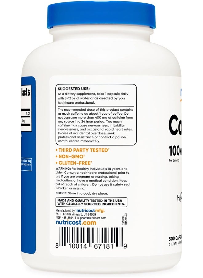Nutricost Caffeine Pills 100mg, 500 Capsules
