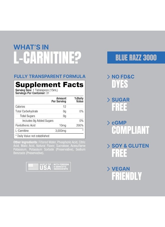 L-Carnitine 3000 Stimulant Free Liquid Shots For Men And Women - Metabolic Energizer Workout Drink For Performance And Muscle Recovery (Blue Razz)