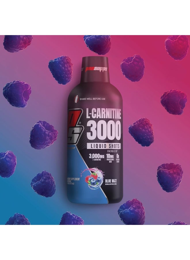 L-Carnitine 3000 Stimulant Free Liquid Shots For Men And Women - Metabolic Energizer Workout Drink For Performance And Muscle Recovery (Blue Razz)