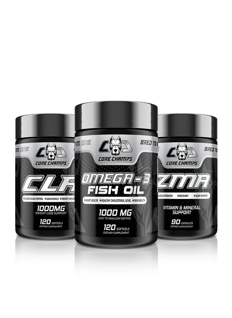 Core Champs Bundle - Omega-3 Fish Oil 1000Mg 120Sgel/60Sv +  CLA 1000Mg 120Sgel/120Sv + ZMA 90Cap/30Sv
