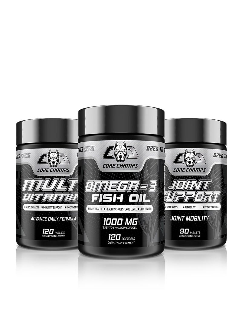 Core Champs Bundle - Multi Vitamin 120Tab/120Sv + Omega-3 Fish Oil 1000Mg 120Sgel/60Sv + Joint Support 90Tab/30Sv