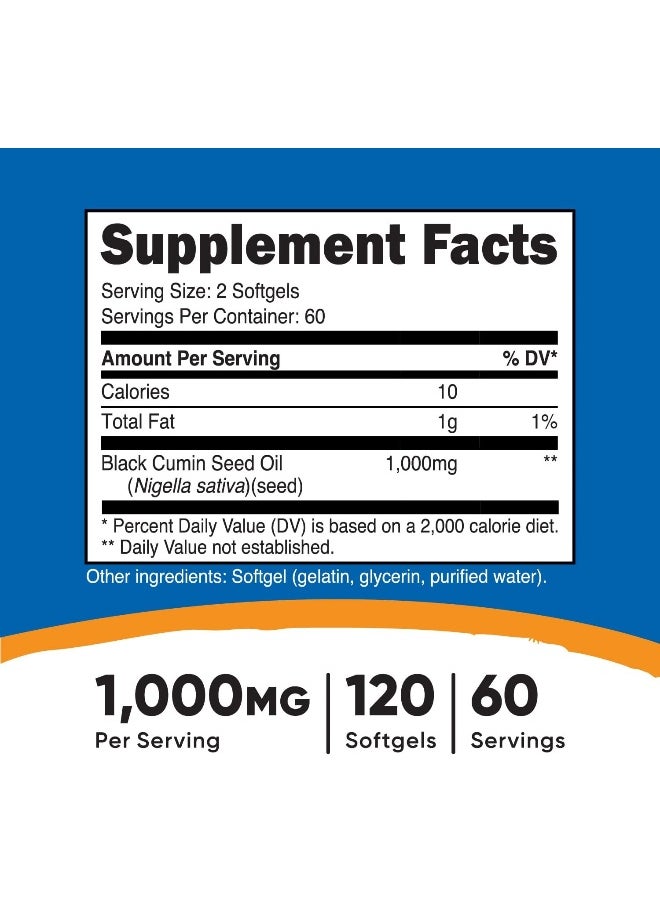 Black Seed Oil (Cumin) - Cold Pressed, Source Of Omega 3 6 9-120 Softgels, 1000Mg Per Serving, 60 Servings - Non-Gmo And Gluten Free
