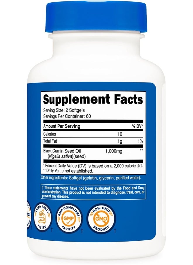 Black Seed Oil (Cumin) - Cold Pressed, Source Of Omega 3 6 9-120 Softgels, 1000Mg Per Serving, 60 Servings - Non-Gmo And Gluten Free