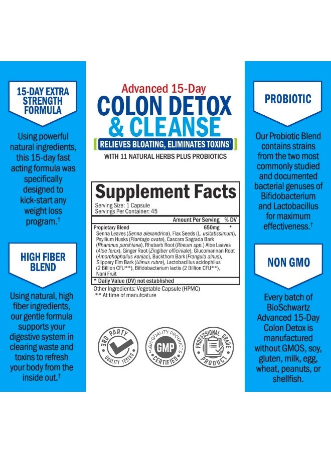 15-Day Fast Acting Colon Detox & Cleanser, Extra Strength Formula, 45 Veggie Caps