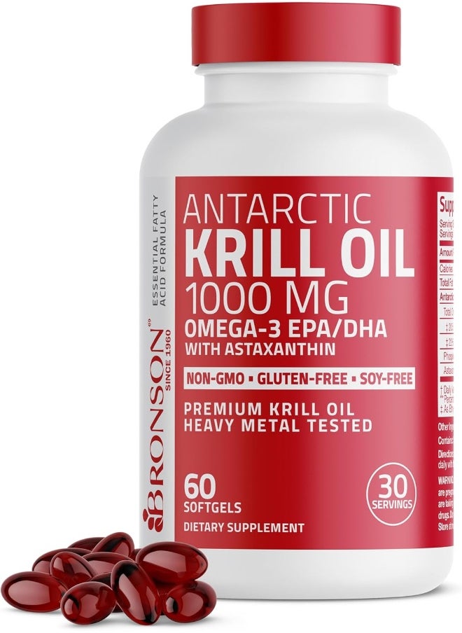 Antarctic Krill Oil 1000 Mg With Omega-3S Epa, Dha, Astaxanthin And Phospholipids – 100% Pure Premium Krill Oil - Heavy Metal Tested, Non Gmo - 60 Softgels (30 Servings)