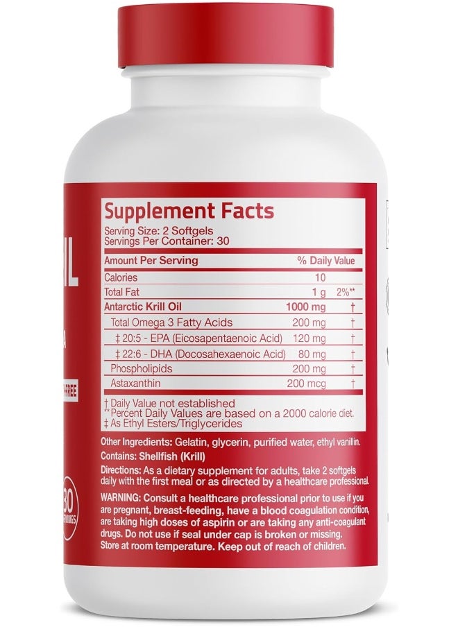 Antarctic Krill Oil 1000 Mg With Omega-3S Epa, Dha, Astaxanthin And Phospholipids – 100% Pure Premium Krill Oil - Heavy Metal Tested, Non Gmo - 60 Softgels (30 Servings)