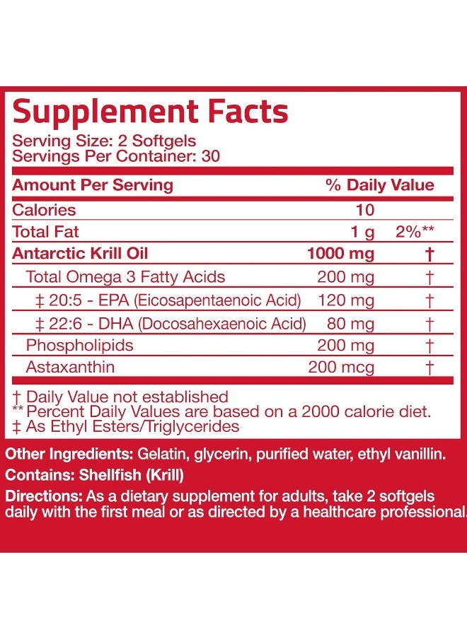 Antarctic Krill Oil 1000 Mg With Omega-3S Epa, Dha, Astaxanthin And Phospholipids – 100% Pure Premium Krill Oil - Heavy Metal Tested, Non Gmo - 60 Softgels (30 Servings)