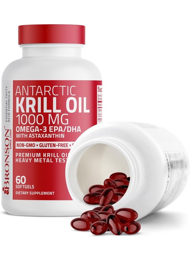 Antarctic Krill Oil 1000 Mg With Omega-3S Epa, Dha, Astaxanthin And Phospholipids – 100% Pure Premium Krill Oil - Heavy Metal Tested, Non Gmo - 60 Softgels (30 Servings)