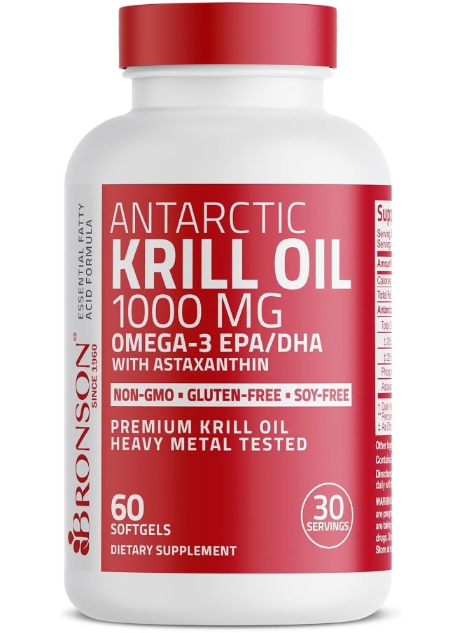 Antarctic Krill Oil 1000 Mg With Omega-3S Epa, Dha, Astaxanthin And Phospholipids – 100% Pure Premium Krill Oil - Heavy Metal Tested, Non Gmo - 60 Softgels (30 Servings)