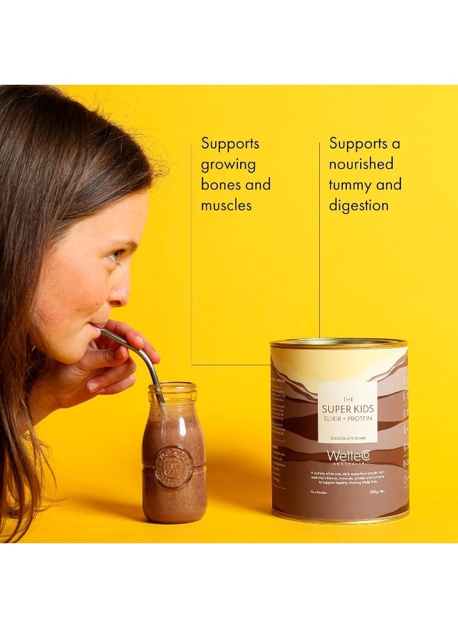 , The Super Kids Elixir + Protein, Chocolate Shake, 500G Tin, Supports Cognitive Function, Immunity, And Energy