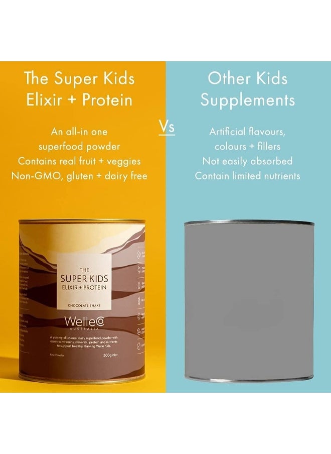 , The Super Kids Elixir + Protein, Chocolate Shake, 500G Tin, Supports Cognitive Function, Immunity, And Energy