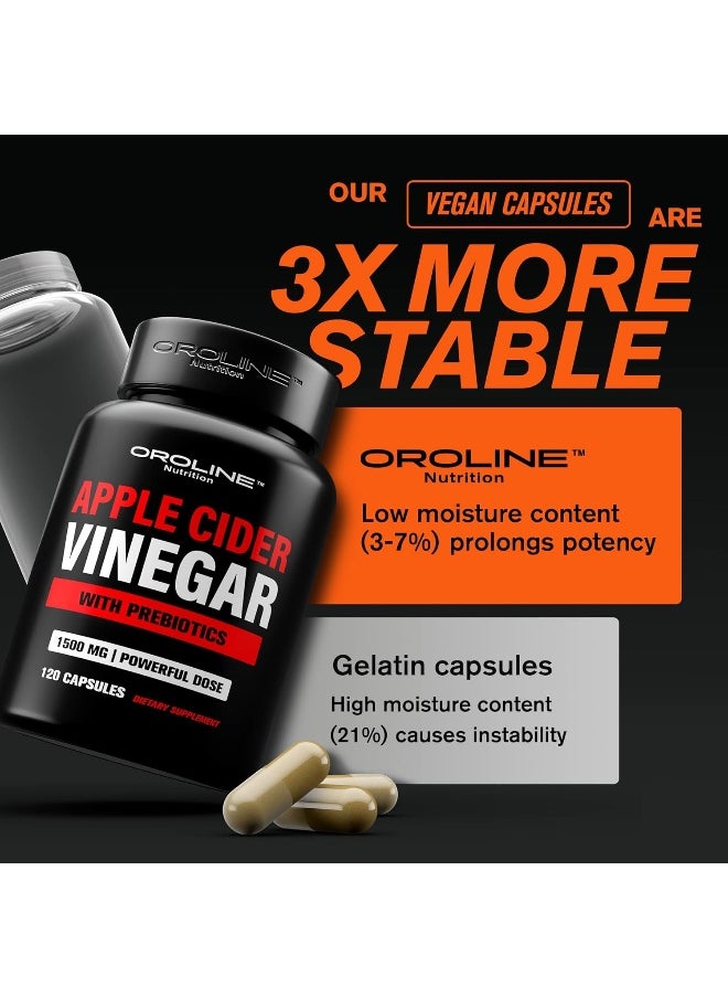 Organic Apple Cider Vinegar Capsules (120 Capsules 1500 Mg) Acv Tablets W/Prebiotics - Cleanse & Detox Apple Cider Vinegar Pills Fibre Supplement, Appetite Suppressant & Metabolism Booster