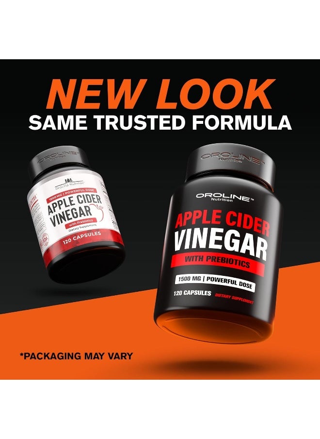 Organic Apple Cider Vinegar Capsules (120 Capsules 1500 Mg) Acv Tablets W/Prebiotics - Cleanse & Detox Apple Cider Vinegar Pills Fibre Supplement, Appetite Suppressant & Metabolism Booster