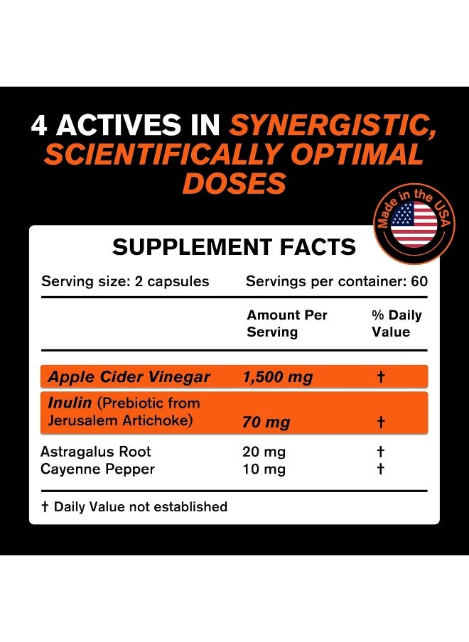 Organic Apple Cider Vinegar Capsules (120 Capsules 1500 Mg) Acv Tablets W/Prebiotics - Cleanse & Detox Apple Cider Vinegar Pills Fibre Supplement, Appetite Suppressant & Metabolism Booster