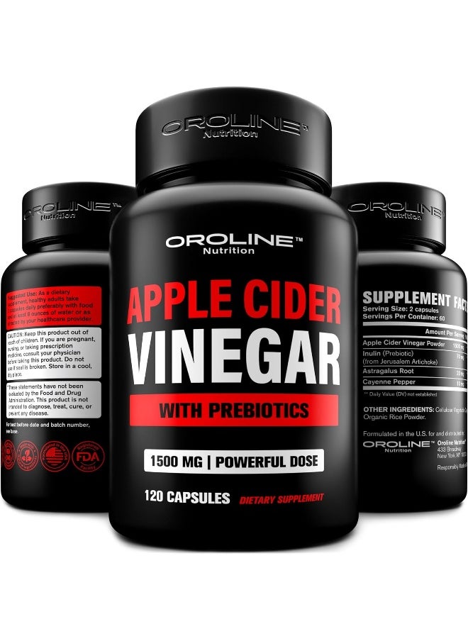 Organic Apple Cider Vinegar Capsules (120 Capsules 1500 Mg) Acv Tablets W/Prebiotics - Cleanse & Detox Apple Cider Vinegar Pills Fibre Supplement, Appetite Suppressant & Metabolism Booster