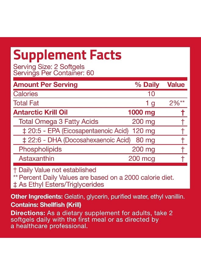 Antarctic Krill Oil 1000 Mg With Omega-3S Epa, Dha And Astaxanthin, Heavy Metal Tested, 120 Softgels (60 Servings)
