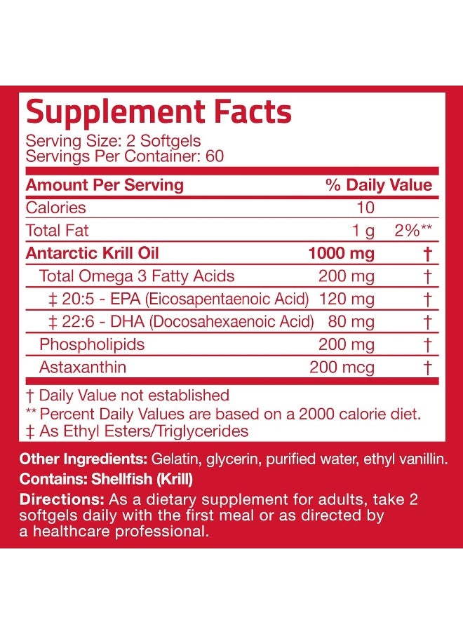 Antarctic Krill Oil 1000 Mg With Omega-3S Epa, Dha And Astaxanthin, Heavy Metal Tested, 120 Softgels (60 Servings)