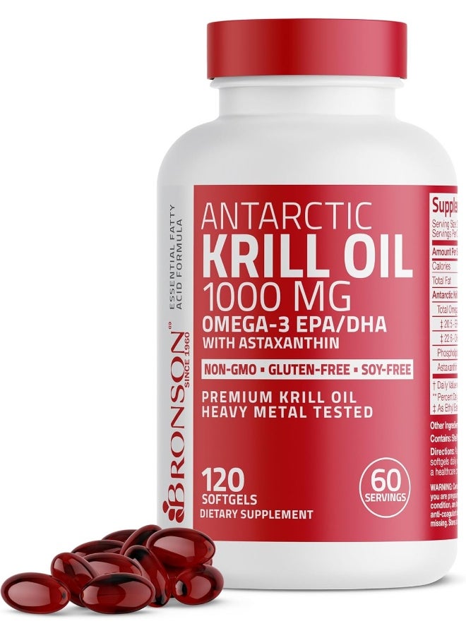 Antarctic Krill Oil 1000 Mg With Omega-3S Epa, Dha And Astaxanthin, Heavy Metal Tested, 120 Softgels (60 Servings)