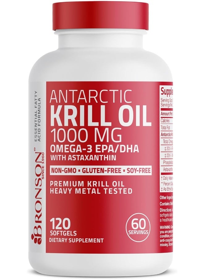 Antarctic Krill Oil 1000 Mg With Omega-3S Epa, Dha And Astaxanthin, Heavy Metal Tested, 120 Softgels (60 Servings)