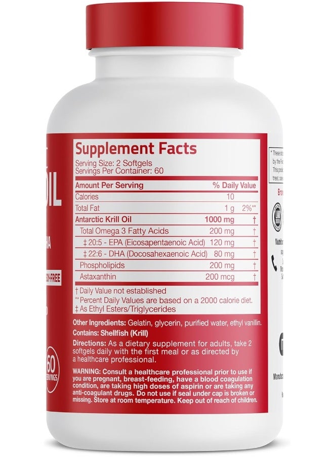 Antarctic Krill Oil 1000 Mg With Omega-3S Epa, Dha And Astaxanthin, Heavy Metal Tested, 120 Softgels (60 Servings)