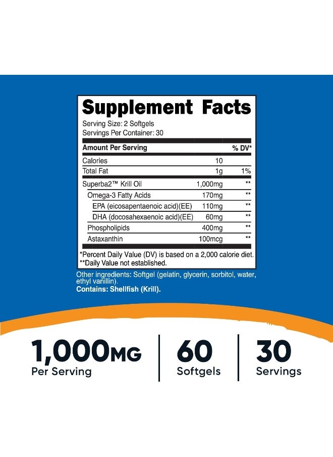 Krill Oil Softgels 1000Mg, 60 Liquid Softgels - Omega-3 Epa-Dha
