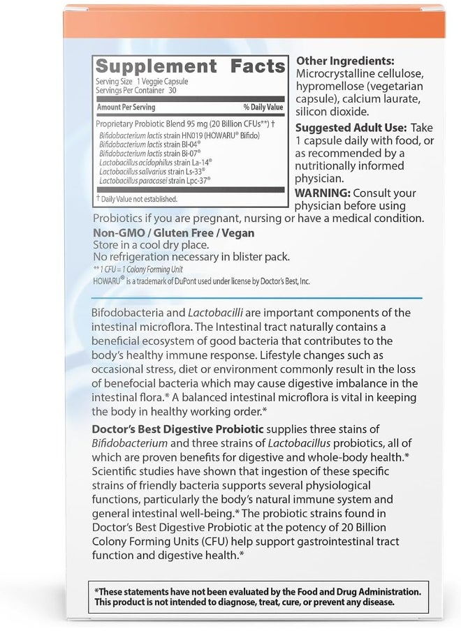 Probiotic, Non-Gmo, Gluten Free, Vegan, 20 Billion Cfu, 30 Veggie Caps