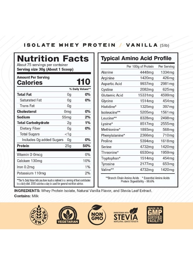 Grass Fed Whey Protein Isolate, All Natural, Hormone Free, Fast Absorbing, 100% Pure Isolate, 20.5G Protein, 88 Calories (Vanilla, 5Lb)