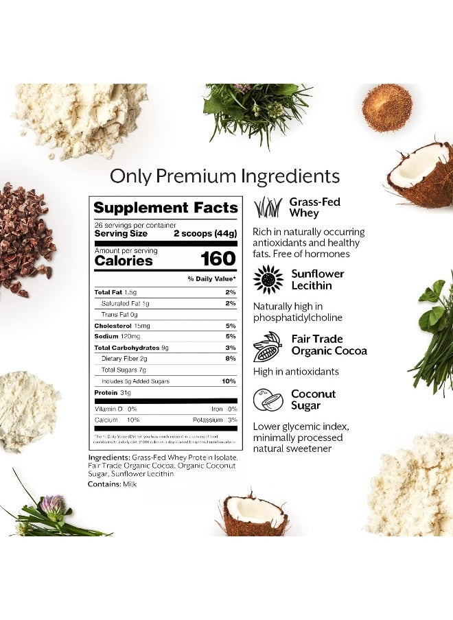 Whey Protein Isolate Powder, Chocolate - 2.5Lb - Grass-Fed & 100% All Natural