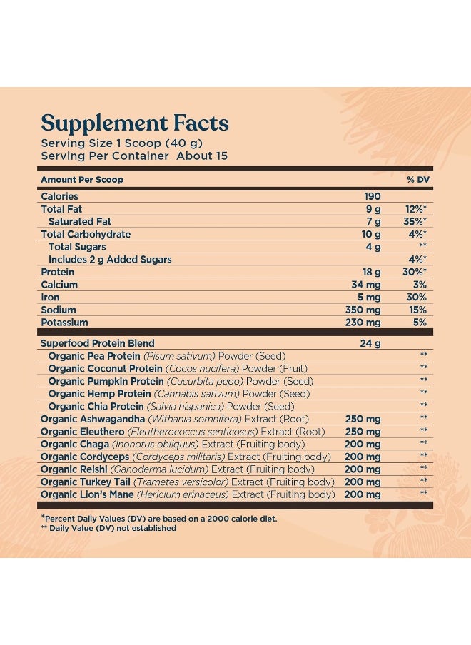 Organic Plant-Based Protein Powder By | Sweet Vanilla Protein With Lion’S Mane, Chaga, Cordyceps, And More | Clean Vegan Protein Elevated For Brain Function And Immune Support | 21.16 Oz