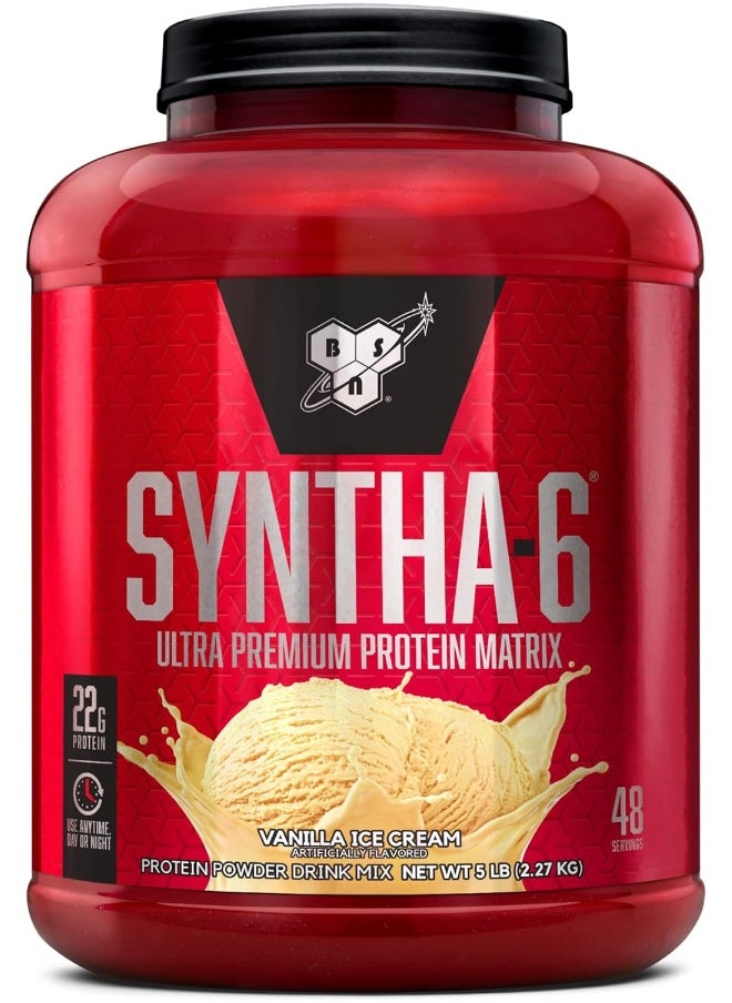 BSN Syntha-6 Ultra Premium Protein Matrix, Whey Protein Powder, Micellar Casein, Milk Protein Isolate Powder - Vanilla Ice Cream, 5 lbs, 48 Servings (2.27 KG)
