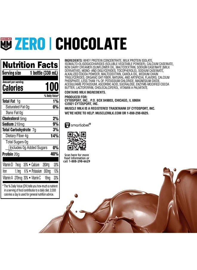 Zero Protein Shake, Chocolate, 11.2 Fl Oz (Pack Of 12), 20G Protein, Zero Sugar, 100 Calories, Calcium, Vitamins A, C & D, 4G Fiber, Energizing Snack, Workout Recovery, Packaging May Vary