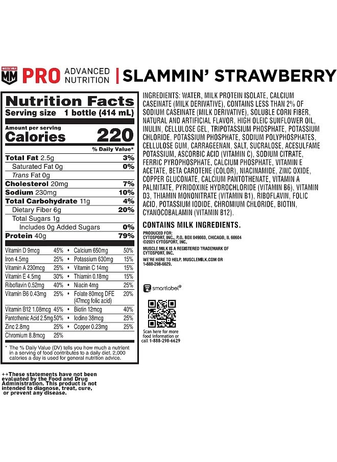 Pro Advanced Nutrition Protein Shake, Slammin' Strawberry, 14 Fl Oz Bottle, 12 Pack, 40G Protein, 1G Sugar, 16 Vitamins & Minerals, 6G Fiber, Workout Recovery, Packaging May Vary