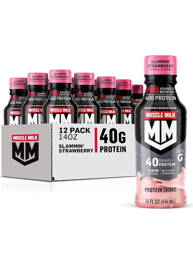 Pro Advanced Nutrition Protein Shake, Slammin' Strawberry, 14 Fl Oz Bottle, 12 Pack, 40G Protein, 1G Sugar, 16 Vitamins & Minerals, 6G Fiber, Workout Recovery, Packaging May Vary