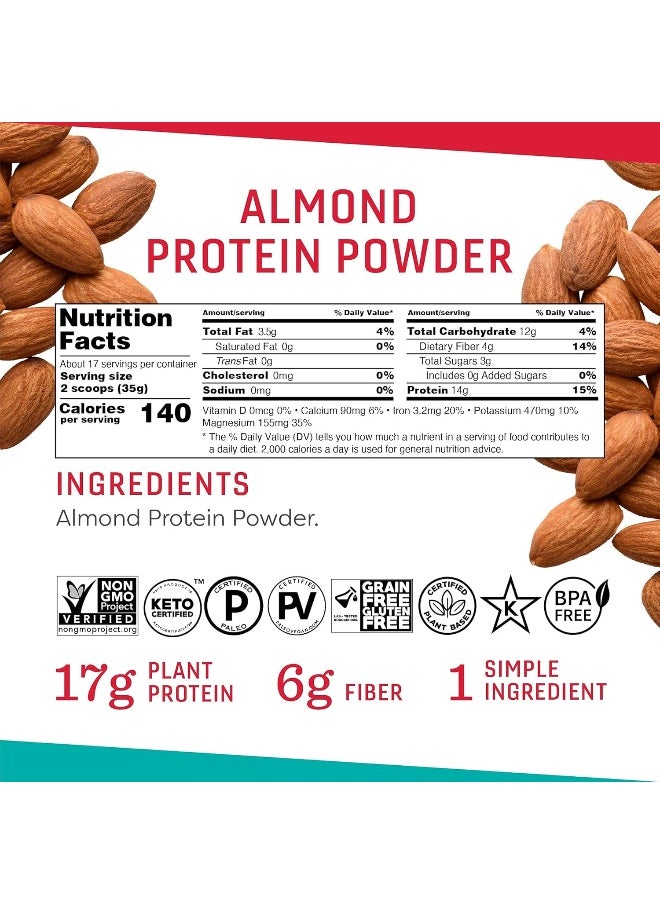 Almond Protein Powder, 21 Ounce, Made With California Almonds, 17G Plant Based Protein, Keto, Paleo Friendly, Vegan, Gluten Free, 17 Servings