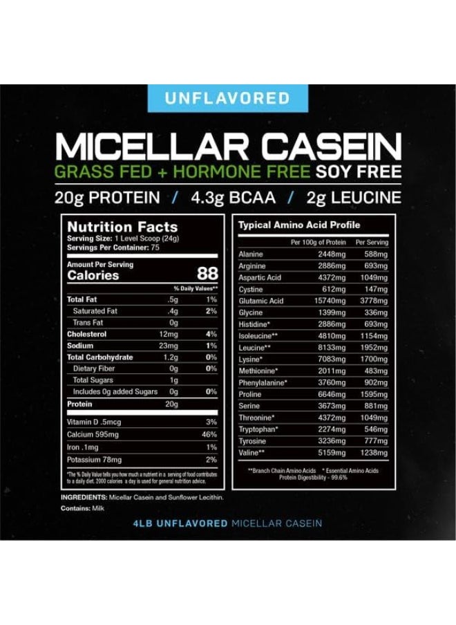 Micellar Casein Protein, All Natural Pasture Raised Hormone Free Soy Free, Unflavored, 4Lb