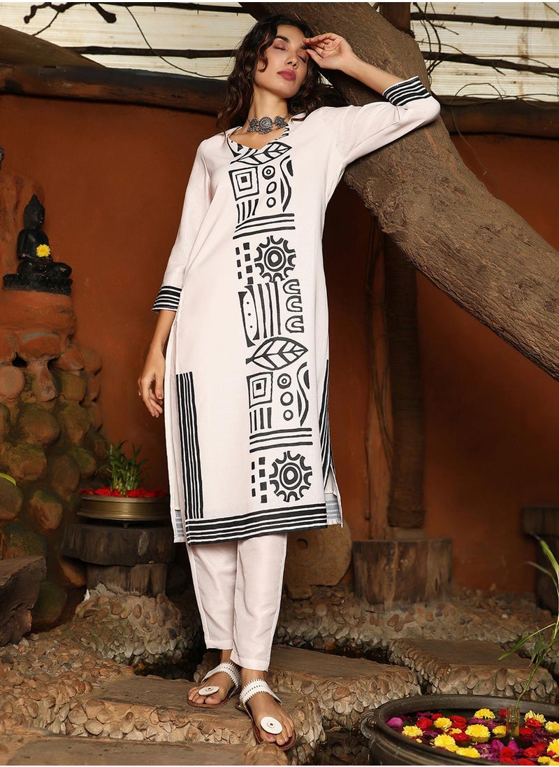 Women's Daisy White & Onyx Black Indie Lines Kurta Set