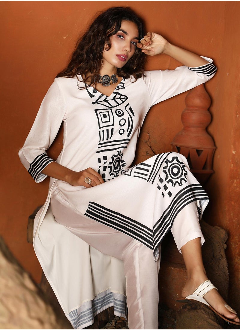 Women's Daisy White & Onyx Black Indie Lines Kurta Set